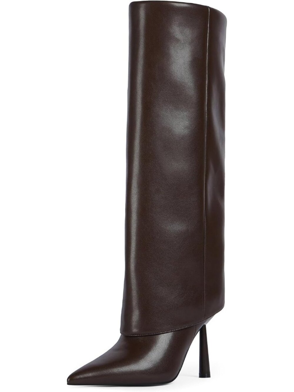 Women's Chocolate Brown Faux Leather Pointed Toe Heel Fold Over Knee High Boots